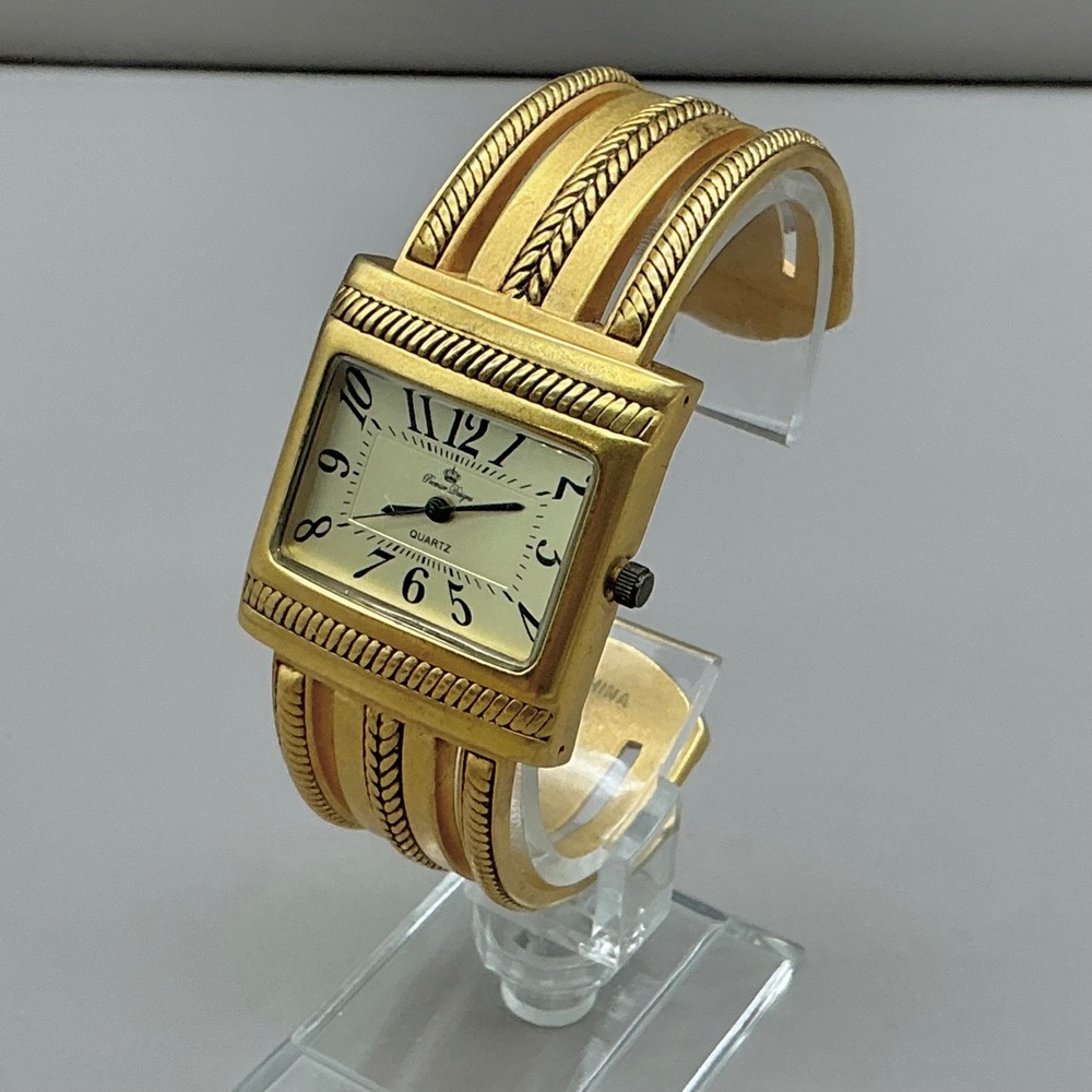 Premier Designs Watch Gold Tone Cuff Bracelet Braided Square Face NEW BATTERY